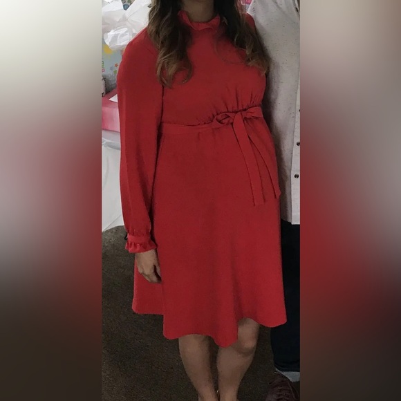 Sail to Sable Red Ruffle Maternity Dress Long Sleeve Waist Tie size 8 Crew Neck - Picture 5 of 10